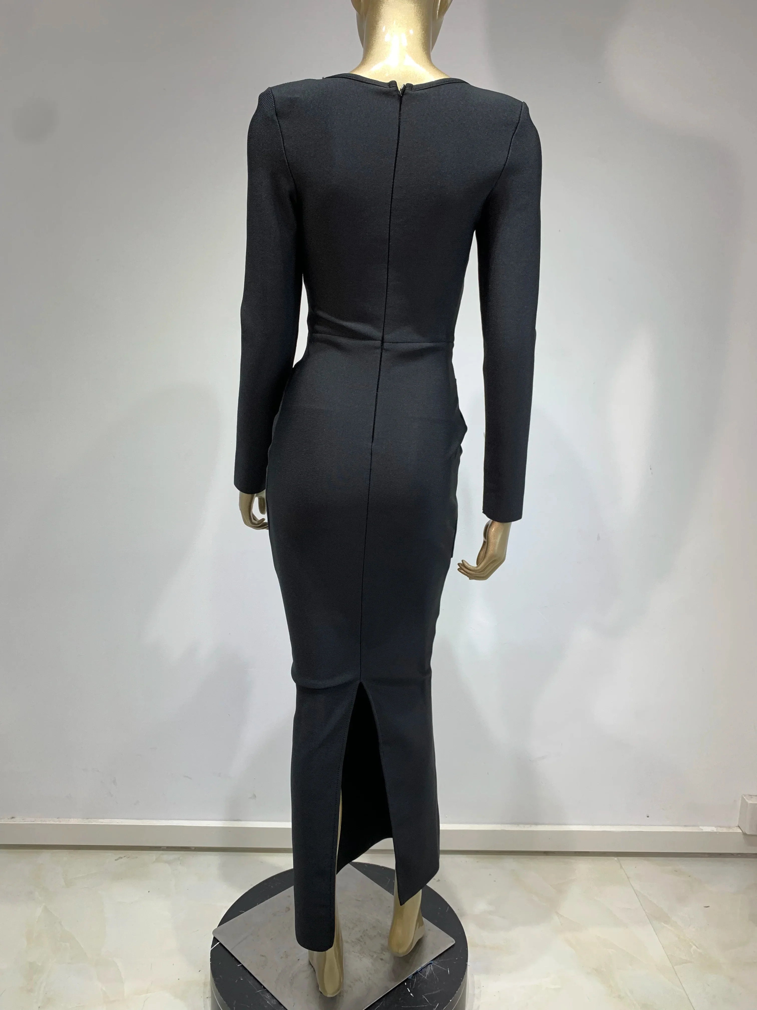 Vestido longo preto longo com babados e manga longa, celebridade, sexy, bodycon, bandagem, elegante, festa noturna, 2025