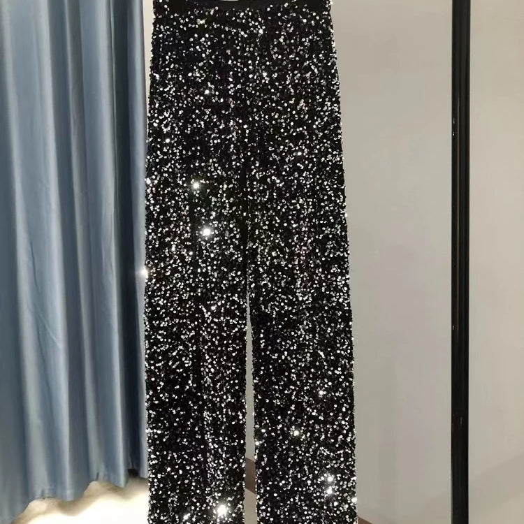 Y2k Pants Woman Elastic Waist Sequins Wide Leg Trousers Shiny Full Length Straight Female High Street Silver