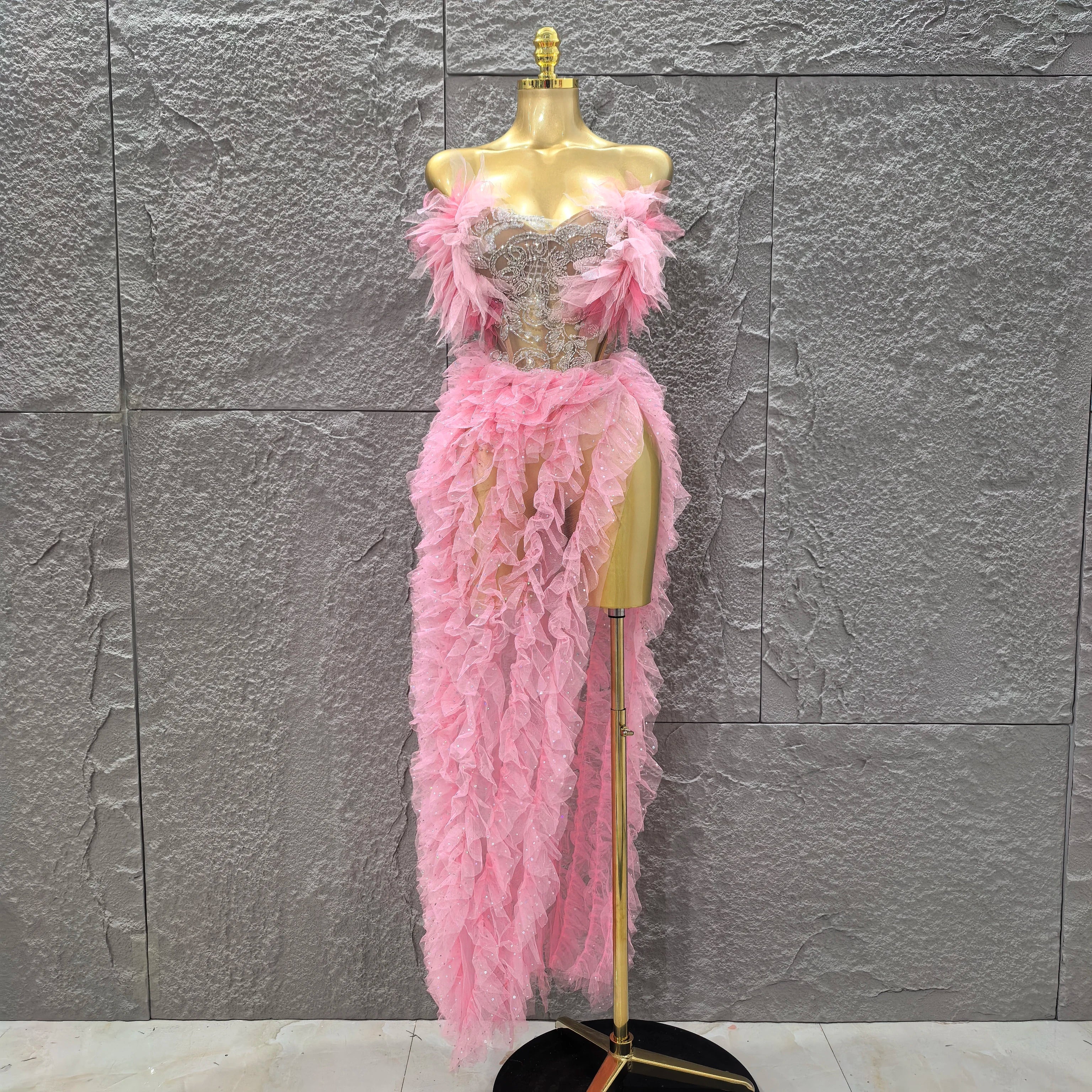 Pink Color Women Sexy Strapless Ruffles 2 Pieces Bodycon Long Dress High Split Fashion Nightclub Party Birthday Fashion Dress