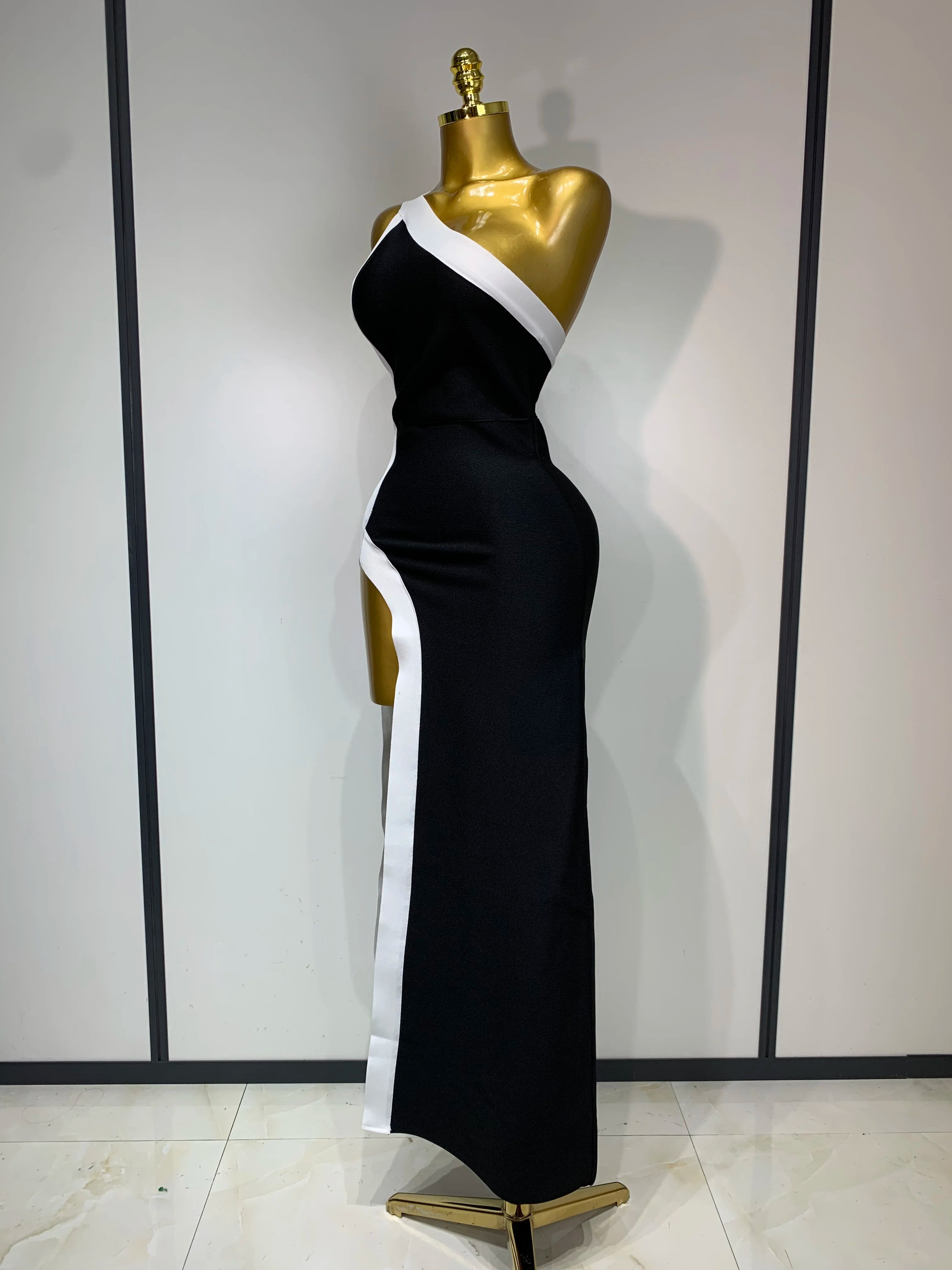 Women Sexy One Shoulder Split Black White Patchwork Bandage Bodycon Dress 2025 Celebrity Elegant Evening Party Birthday Outfit