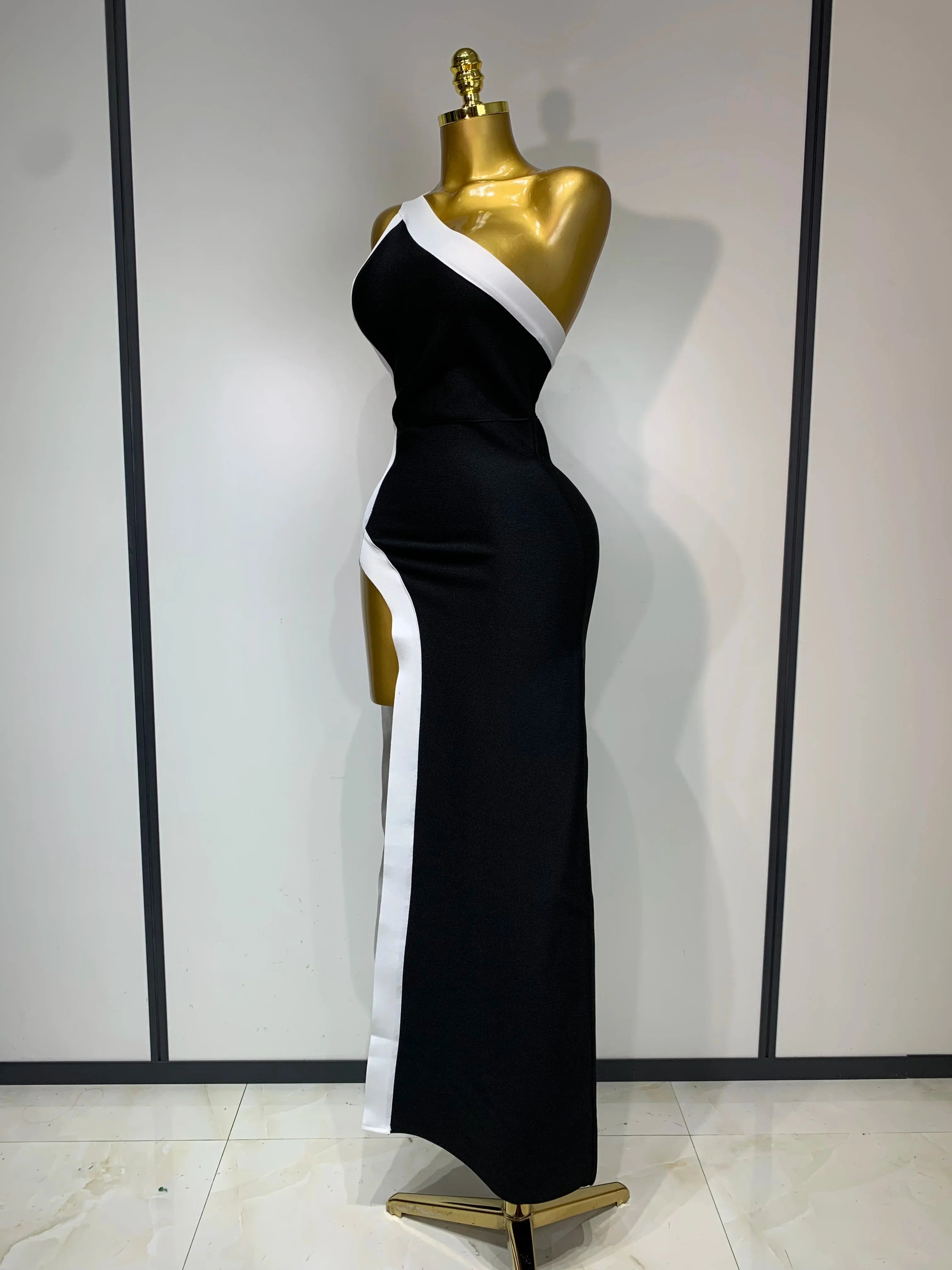 Women Sexy One Shoulder Split Black White Patchwork Bandage Bodycon Dress Celebrity Elegant Evening Party Birthday Outfit