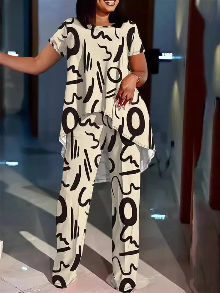 Wmstar Women Plus Size Two Piece Set 5XL Summer Casual Print T Shirt Wide Leg Pants Female Outfits Wholesale Dropshipping 2024