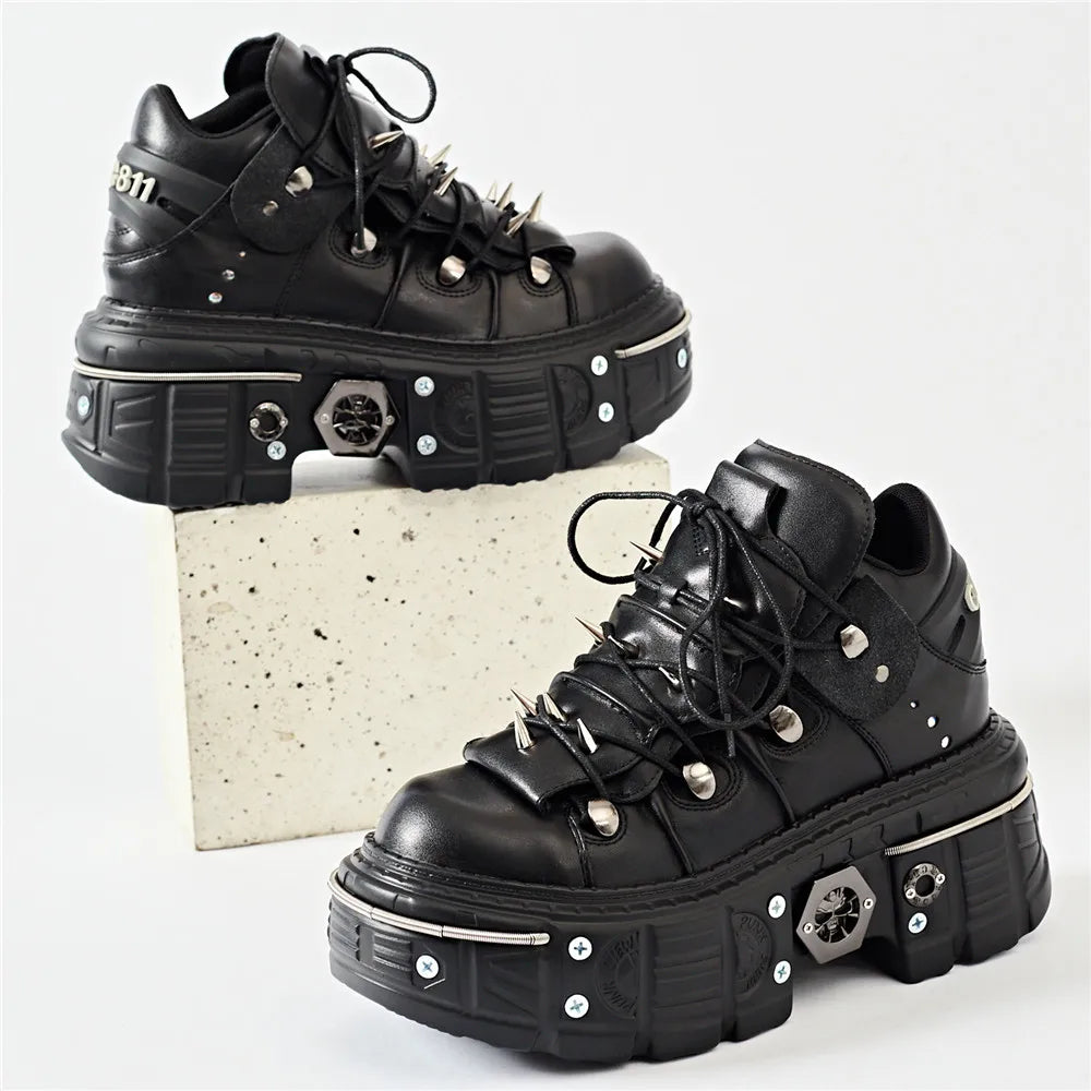 2025 Fashion Women Ankle Boots Woman's Thin Heels Round Toe Lace-Up Metal Decoration Sneakers Ladies Rivet Punk Gothic Rock Shoe