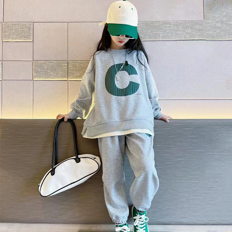 Autumn Girls' Spring Wear Sweater Set Medium and Big Children's Leisure Clothing Suit Girls' Fashion Kids Sports Set