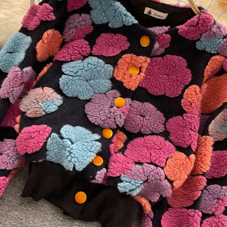 Sweet Long Sleeve Single Breasted Short Jacket Retro Three-dimensional Flower O Neck Clothing Winter 6 Color Coat