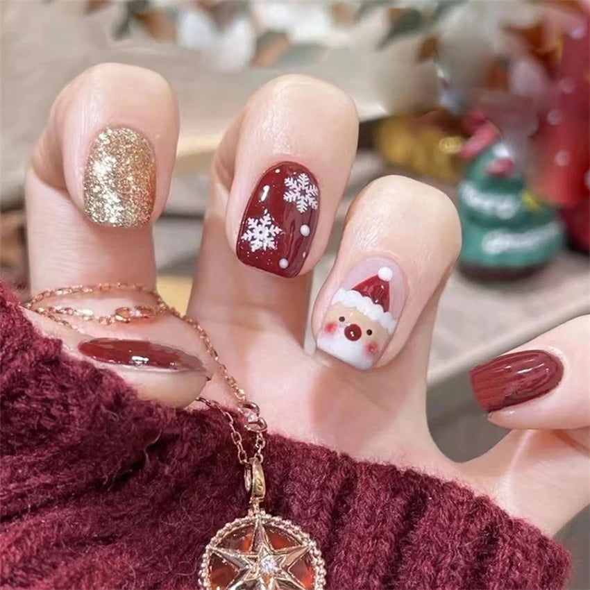 24Pcs/Set Christmas Collection Wearing False Nails Art Elk Santa Claus Snowman Press on Nail Tips Kawaii Acrylic Stick on Nails