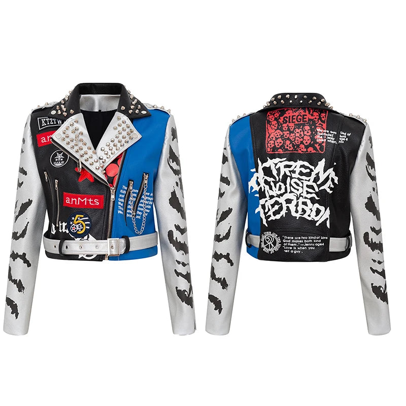 Spring Skull Pattern Graffiti Short Leather Jackets For Punk Women Rivet Slim Streetwear Motorcycle Jackets Coat 12