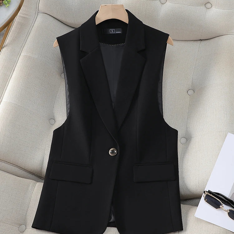 Fashion Women Formal Blazer Vest Ladies Khaki Black Coffee Slim Sleeveless Jacket Coat For Business Work Wear Black Vest