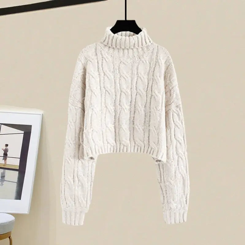 Women's Autumn Winter Loose High Neck Knitted Sweater Suspender Dress Two-piece Korean Elegant Pullover Strap Skirt Matching Set White Sweater