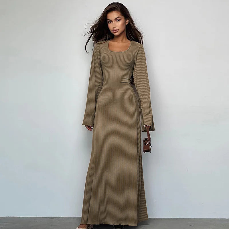 Tossy Scoop Neck Lace-Up Ribbed Maxi Dress Female Long Sleeve Fashion Slim Loose Bandage Dress Autumn 2024 Solid Women Dress New Khaki