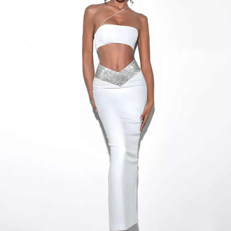 Women Summer Sexy One Shoulder Crystal Diamonds White Black Two Piece Long Bandage Set Celebrity Evening Party Women's Set WHITE