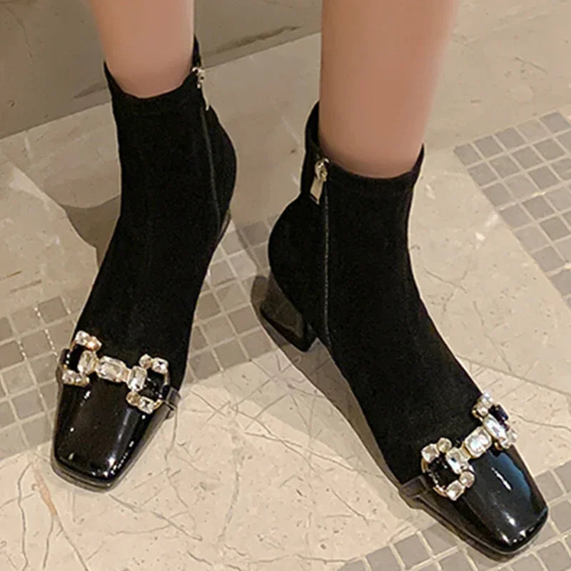 Women Suede Crystal Ankle Chelsea Boots High Heels Shoes Chunky Motorcycle Boots Square Toe Goth Snow Botas Pumps