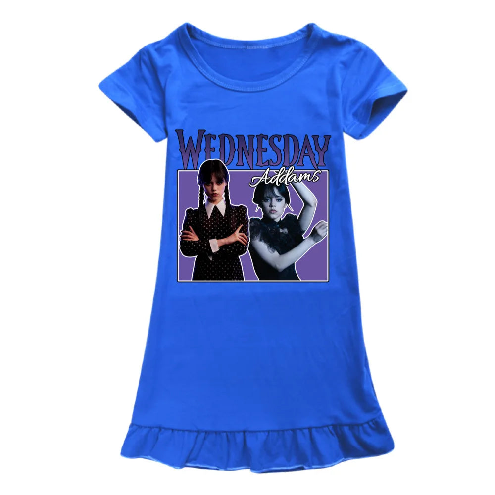Summer Fashion Wednesday Addams Costume Kids Casual Dress Toddler Girls Short Sleeve Dresses Children A-line Party Sundress COLOR 11