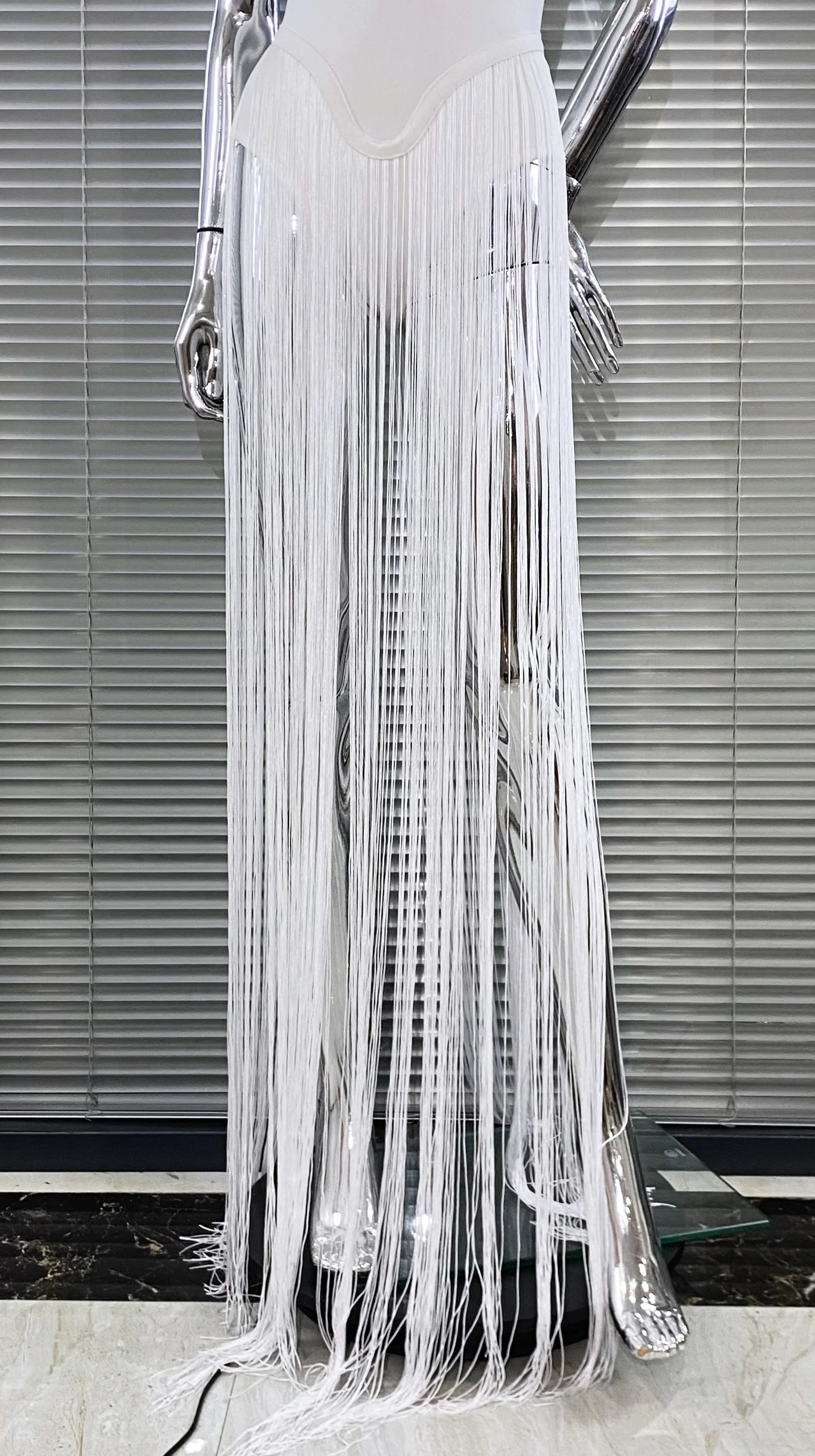 Summer White Color Long Tassel Strapless Bandage Jumpsuit Fashion Woman Party Bodysuit Vestido Performances Costume