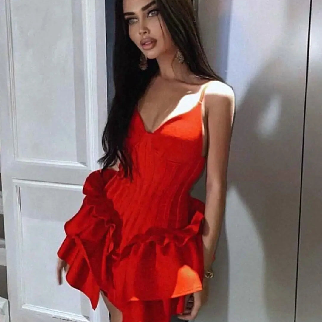 Red Color Women Sexy Sleeveless V-Neck Bodycon Mini Bandage Dress Ruffles Fashion Celebrate Nightclub Party Birthday Dress
