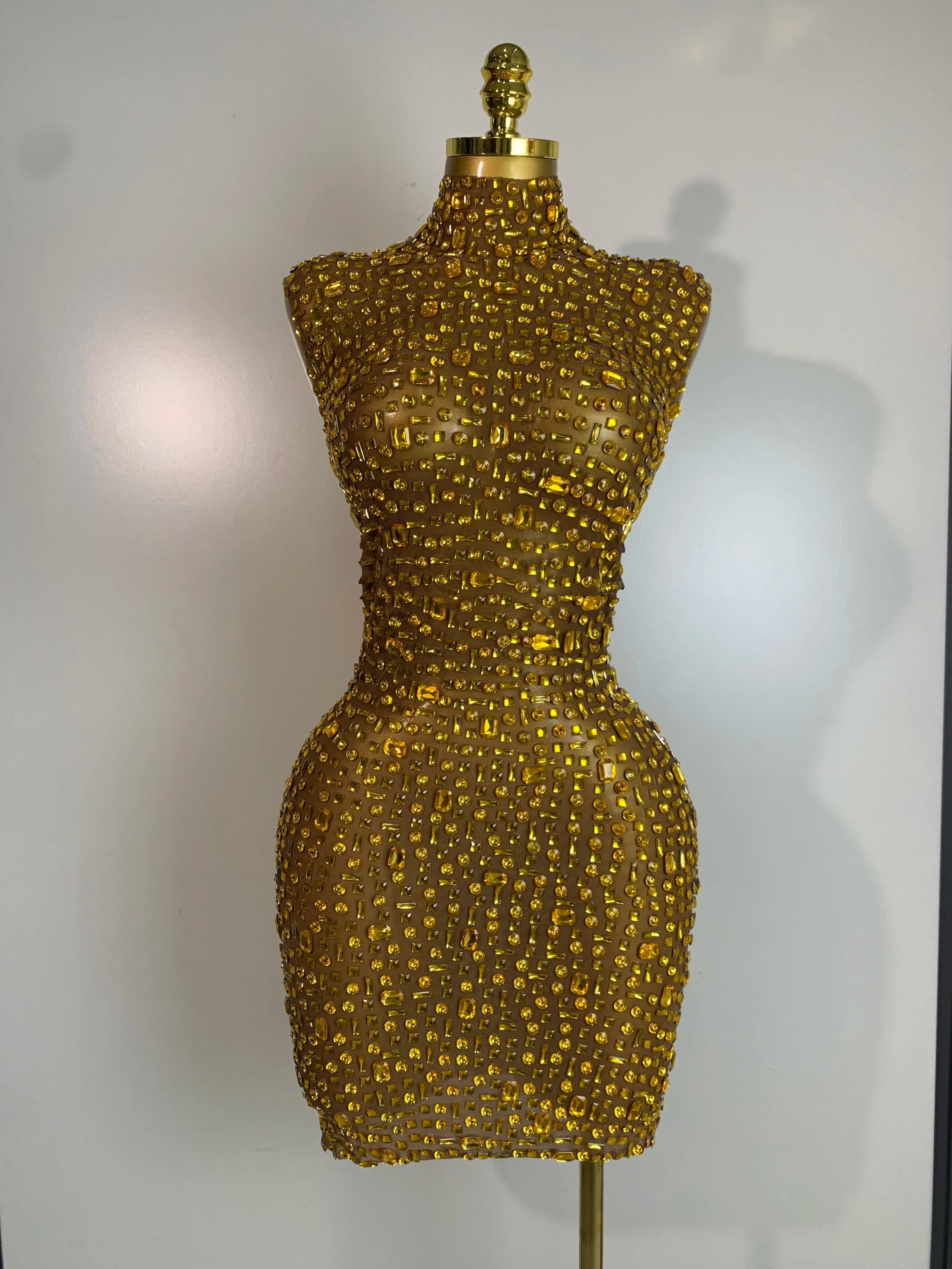 Women Luxury Gold Rhinestone Sexy Mesh Short Dress Sparkly Stage Costume Elegant Party Birthday  Dresses Nightclub Singer Outf
