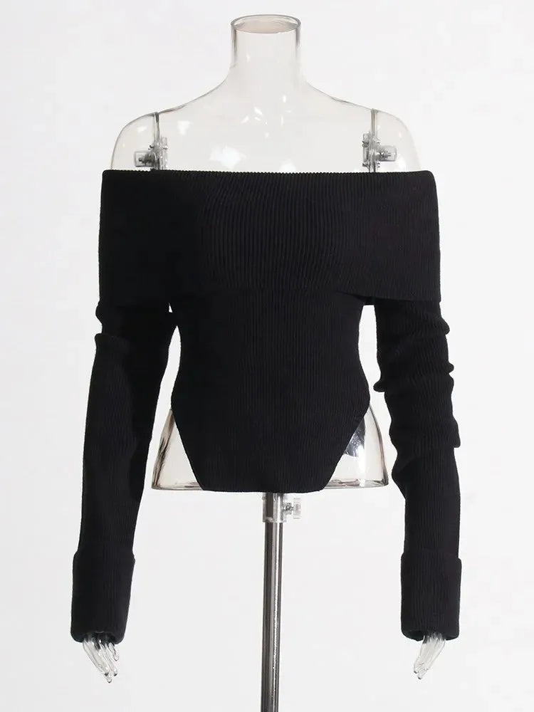 Solid Temperament Sweaters For Women Slash Neck Long Sleeve Tunic Irregular Minimalist Sweater Female Fashion Style
