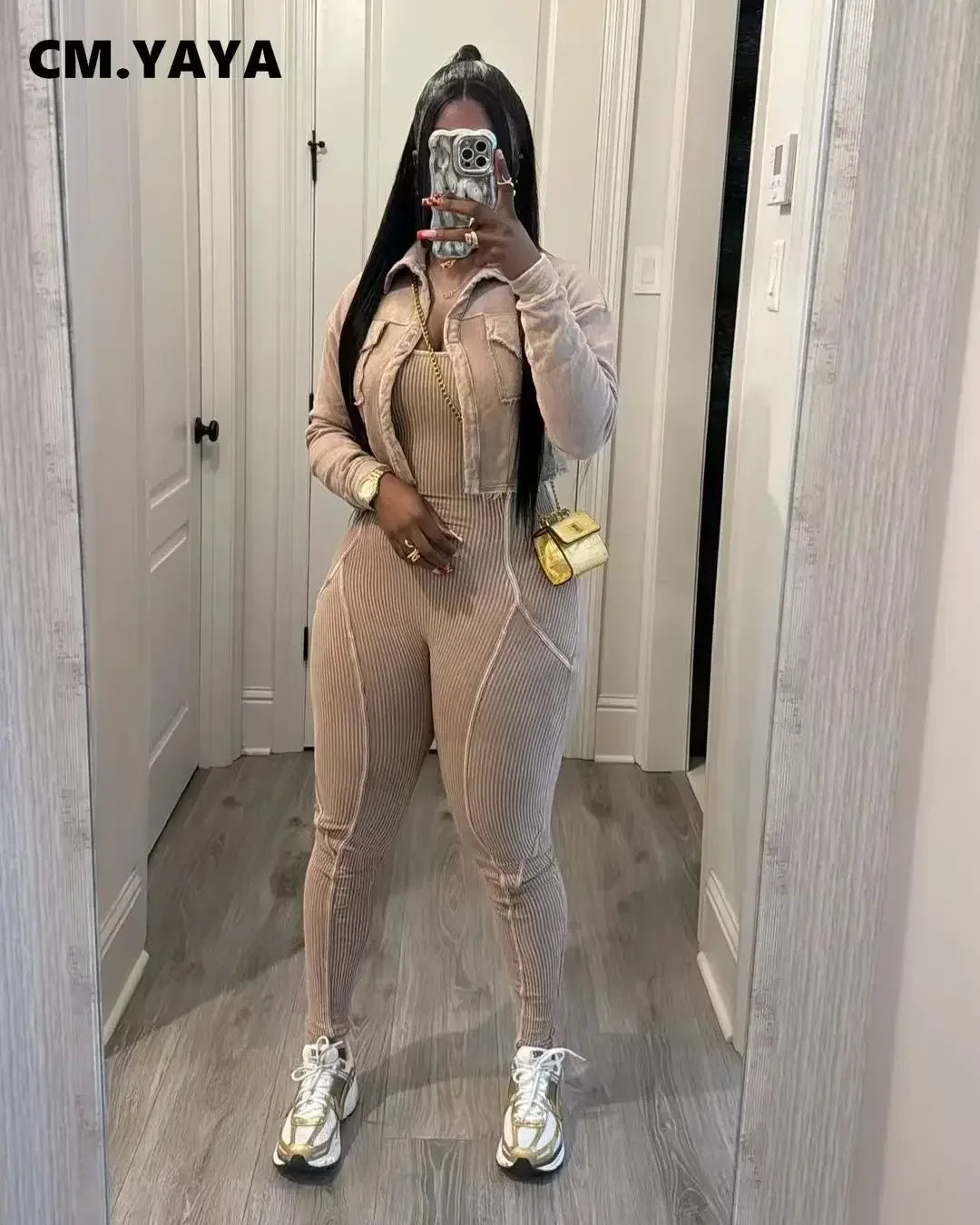 CM.YAYA Fashion Women's Set Washed Knitted Long Sleeve V-neck Coats+pencil Jumpsuits Active Two 2 Piece Set Outfits Tracksuit