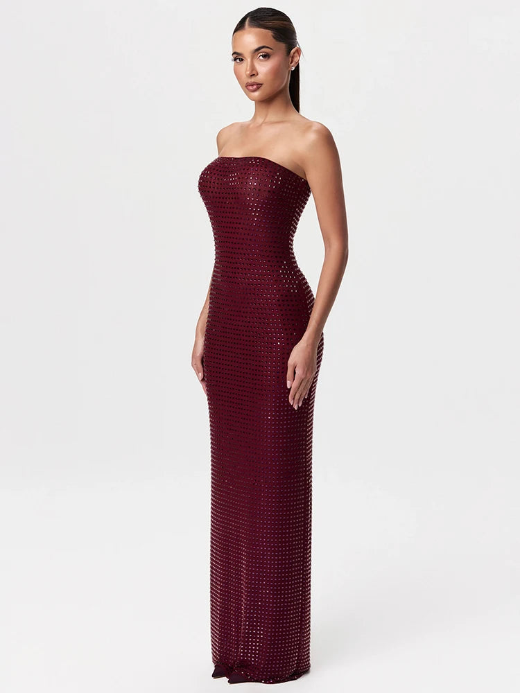 VC Redwine Beaded Strapless Long Maxi Dress For Women Elegant Sleeveless Backless Sparkle Crystals Bodycon Cocktail Evening Gown