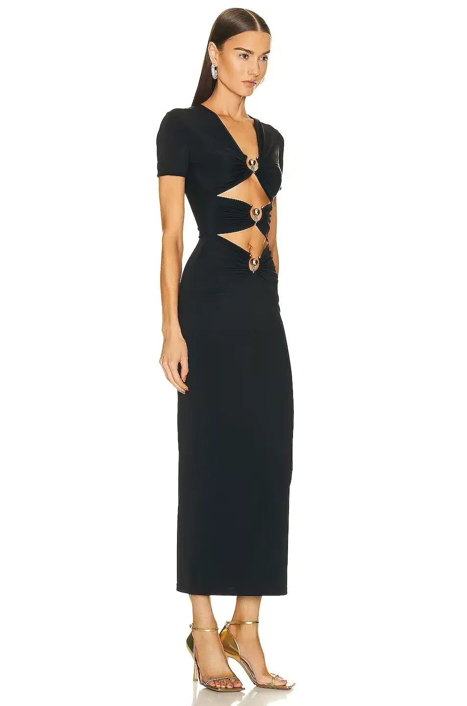 Metal Button Sexy Short Sleeve Hollow Out Tight Bandage 2023 Summer Women V Neck Celebrity Party Elegant Fashion Mid Dresses