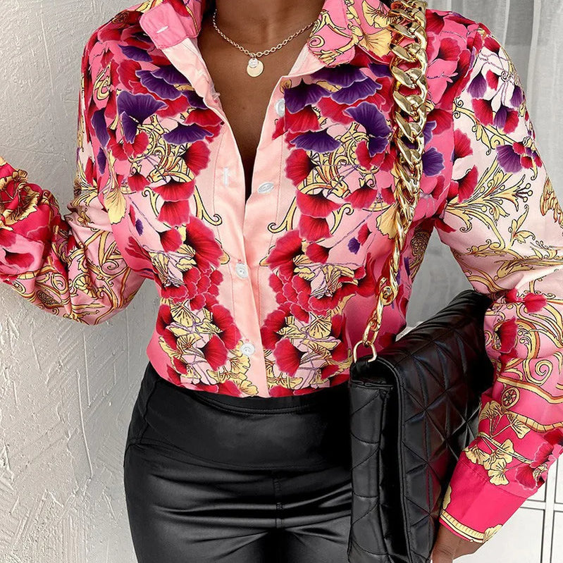 Women's shirt, women's top, spring and autumn long sleeved women's button digital printed shirt