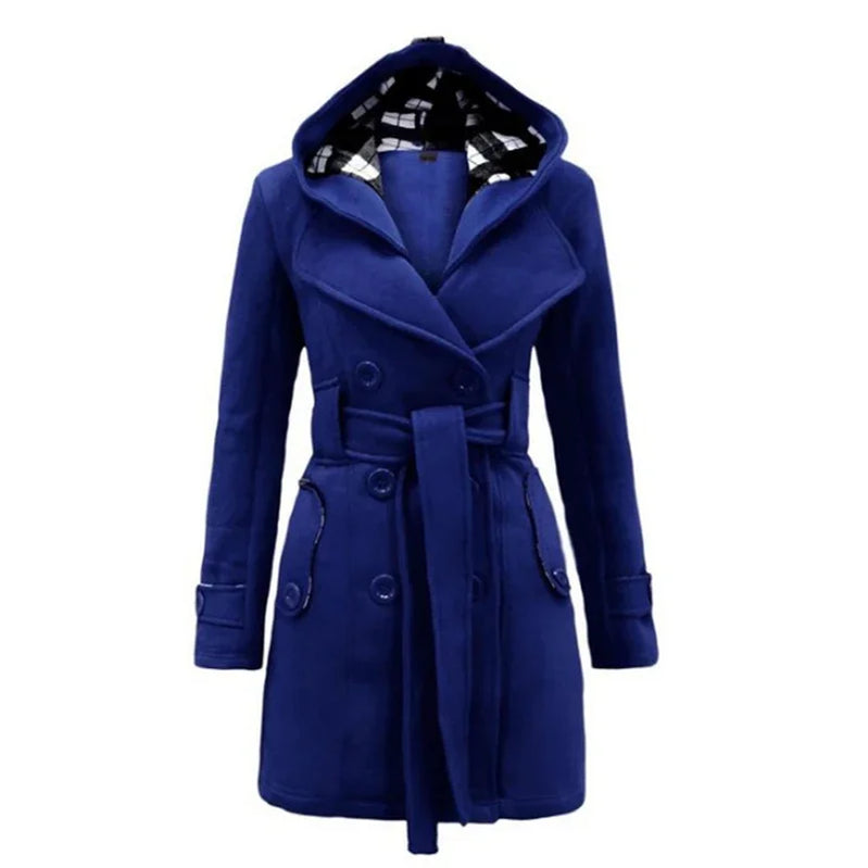 Vintage Woolen Coat Women Warm Fleece Jacket With Belts Double Breasted Solid Casual Jacket Winter Fashion Ladies Plus Size Blue