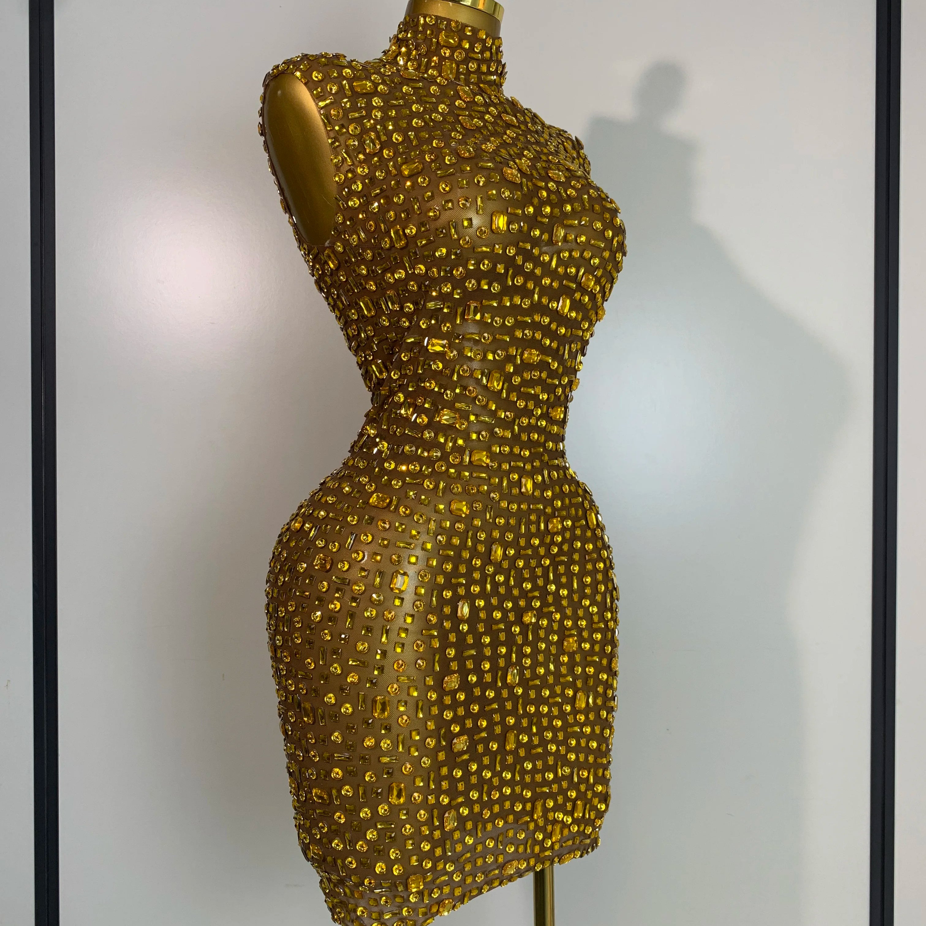 Women Luxury Gold Rhinestone Sexy Mesh Short Dress Sparkly Stage Costume Elegant Party Birthday  Dresses Nightclub Singer Outf