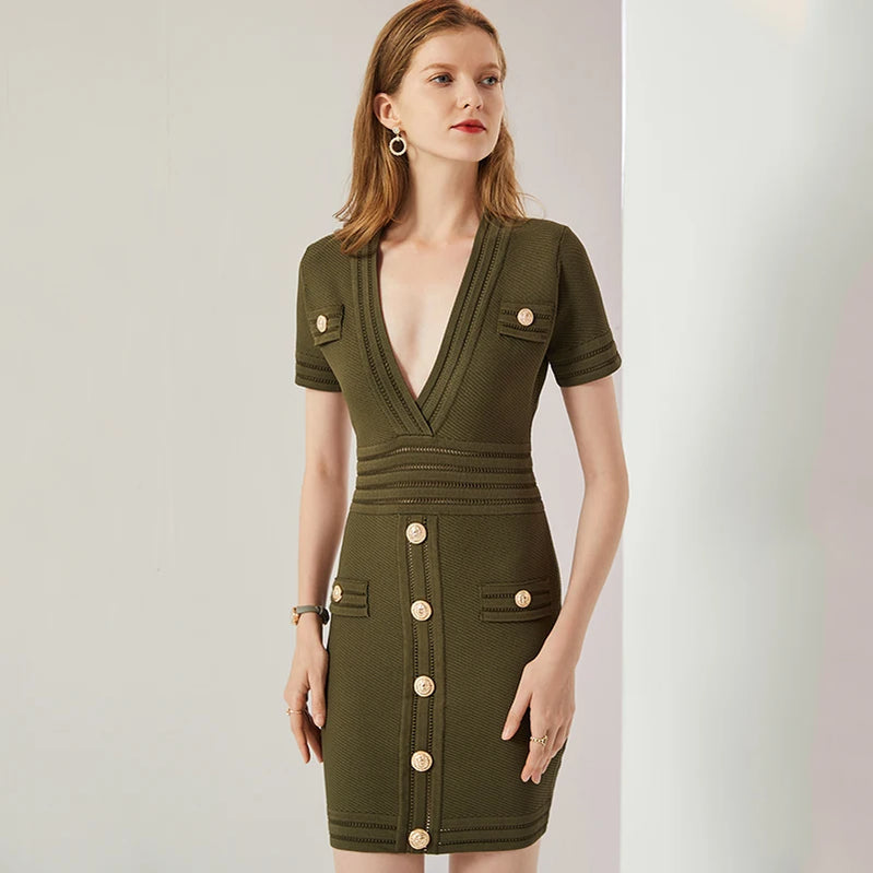 Summer Sheath Knit V-neck Short Sleeve Black Hole Mini Casual Quality Straight Elastic Dress army green