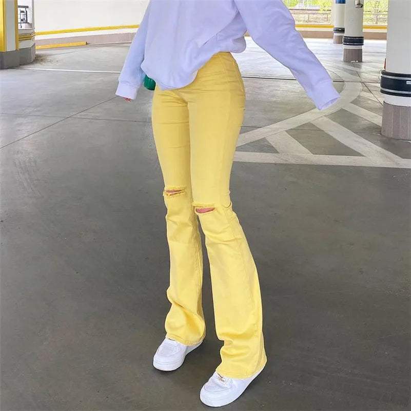 Women Stretch Flare Yellow Ripped Jeans Lady Vintage Y2K Punk High Waist Hips Strap Pants Lady Streetwear Bell Bottom Trousers