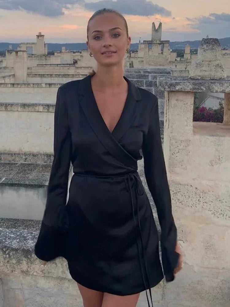 Julissa Mo Black Satin V-Neck Shirt Dress Women Spring Flare Sleeve Lace Up Mini Dresses Elegant Ladies Party Vestidos black