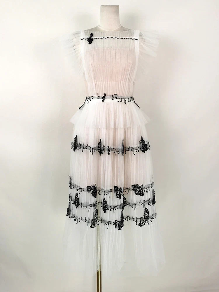 DEAT Gauze Women Dress Print Short Flying Sleeve A Line High Waist Medium Long Elegant Chic Style New Spring 15KB5996 White