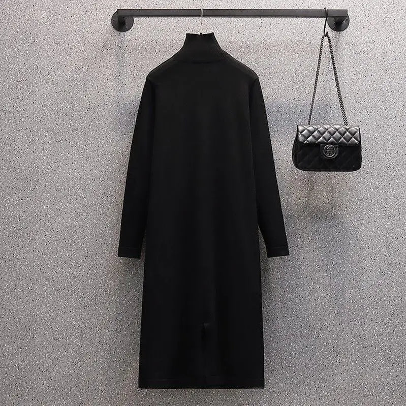 Winter New Korean Style Plush Thickened Plush Neck Jacket Knitted Dress Two Piece Elegant Women's Dress Set
