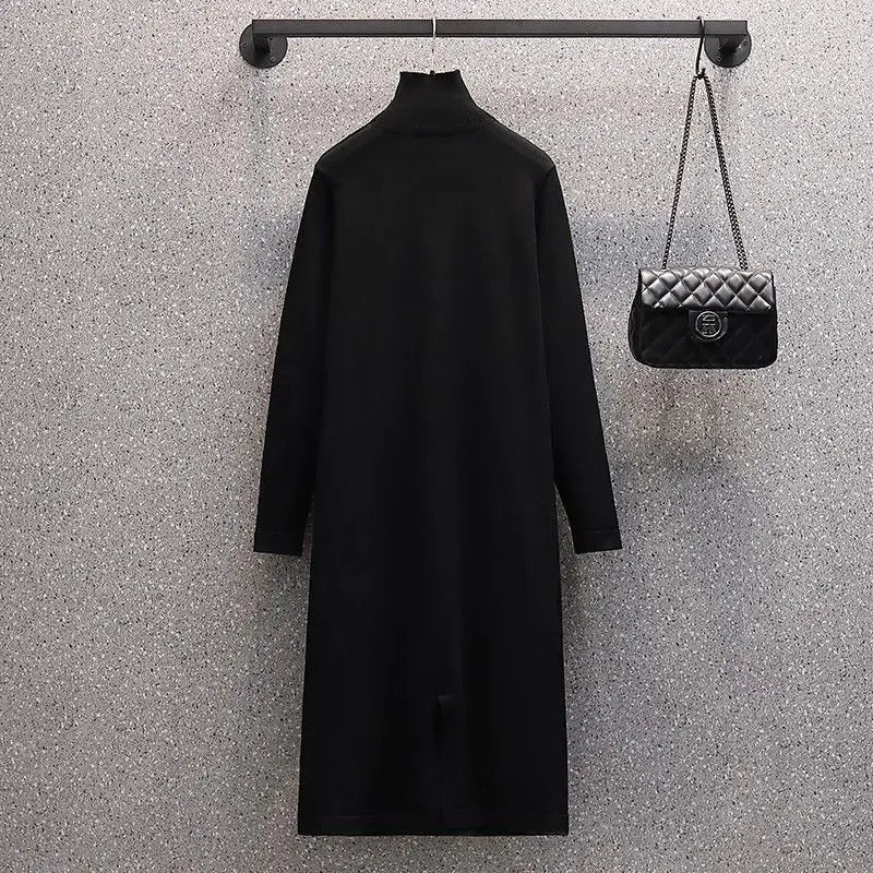 Winter New Korean Style Plush Thickened Plush Neck Jacket Knitted Dress Two Piece Elegant Women's Dress Set