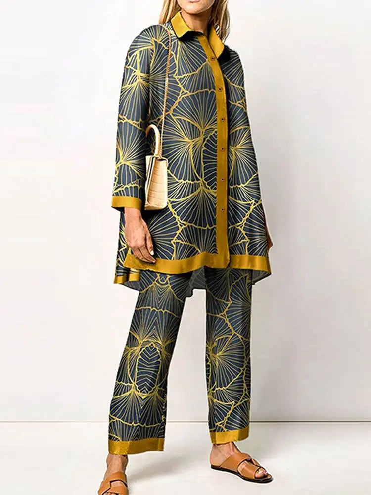 Fashion Retro Printed 2pcs Pant Sets ZANZEA Holiday Long Sleeve Lapel Shirts Outfits Elegant Women Long Trouser 2023 Tracksuit A-Yellow