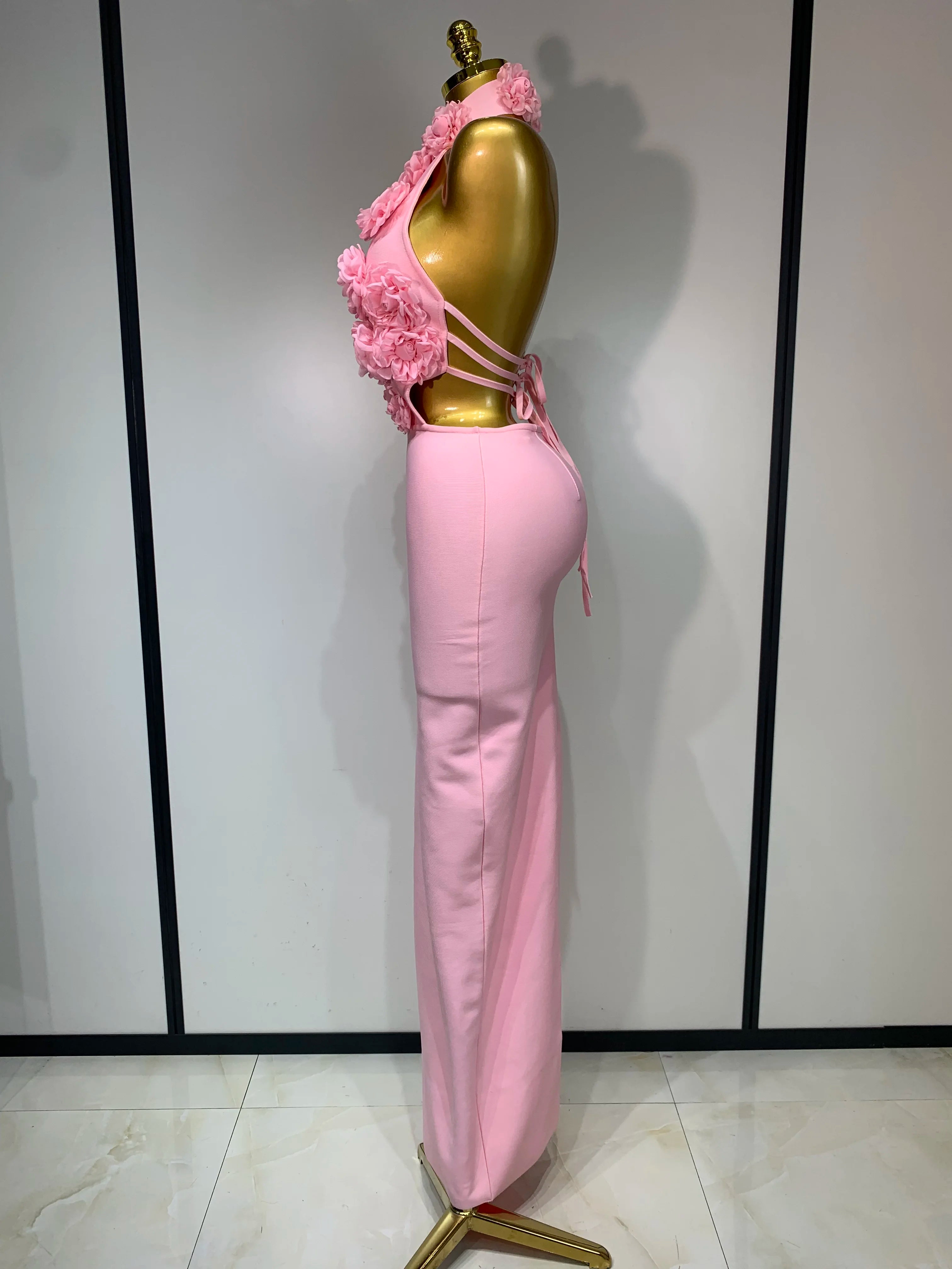 Luxury Birthday Dress Women Celebrity Sexy Halter Backless Flower Long Bandage Bodycon Dress 2025 Elegant Evening Party Outfit 