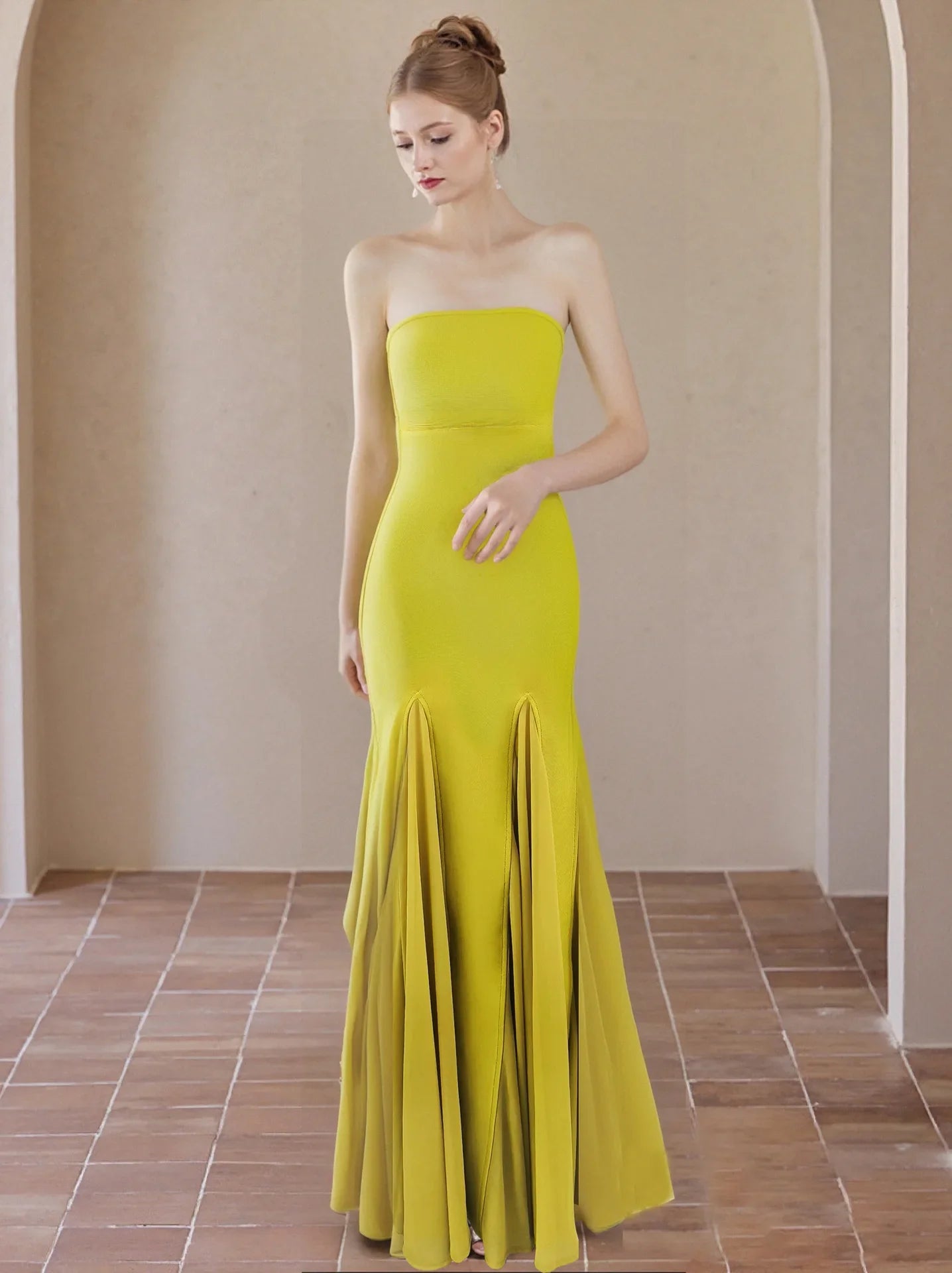 Fashion Yellow Color Women Sexy Strapless Bodycon Bandage Long Dress Celebrate Birthday Party Evening Outfit Wholesale