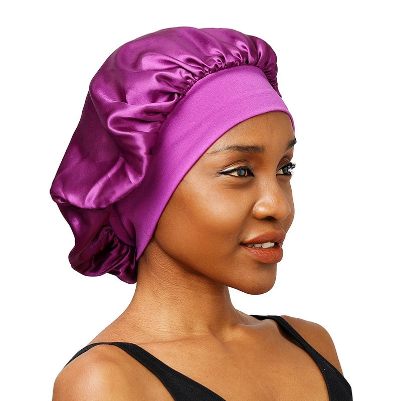 Women's Satin Solid Wide-brimmed Sleeping Hat Unisex Head Wrap Elastic Band Cap Hair Care Bonnet Night Hat bonnet de nuit