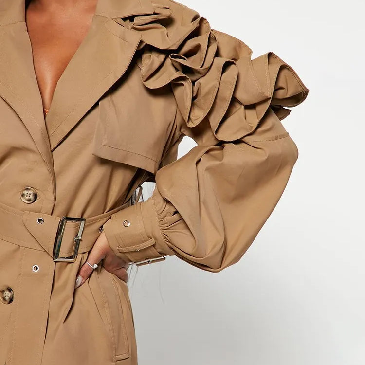 TWOTWINSTYLE Casual Spliced Ruffles Trenches For Women Lapel Long Sleeve Patchwork Belt Vintage High Street Trench Female Style
