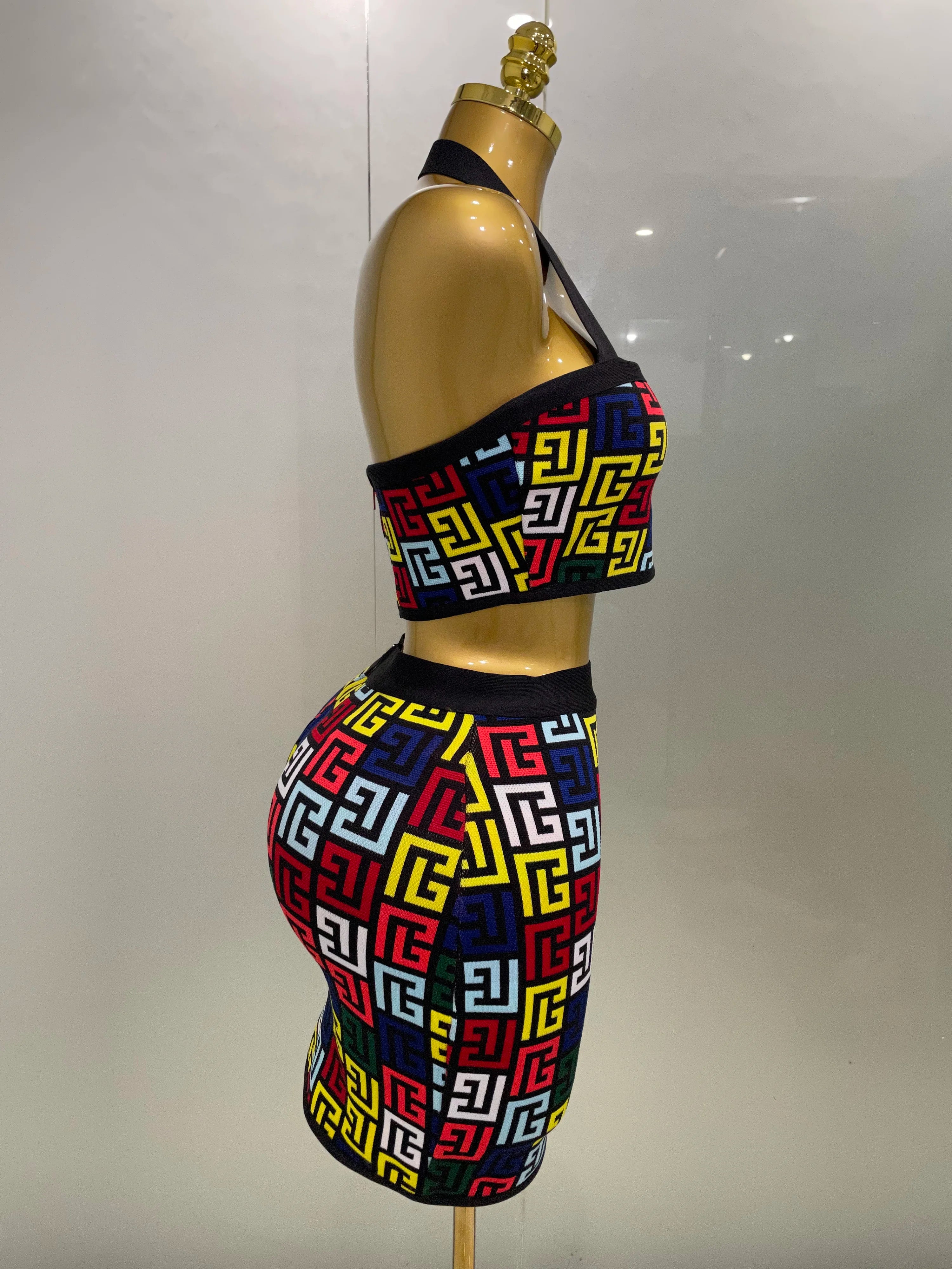 Women 2025 New Sexy Backless Halter Jacquard Two Piece Mini Skirt Bandage Set Celebrity Designer Evening Party Women's Set