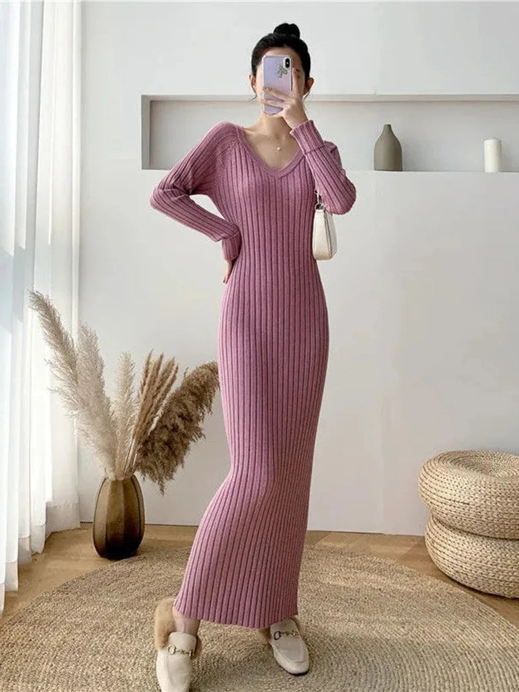 Zoki Elegant Solid Women Knitted Dress Simple Korean Slim Long Sleeve Ankle Length Dress Casual V Neck Office Ladies Chic Dress Purple