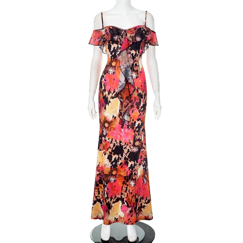 Spaghetti Strap Floral Print Sexy Maxi Dress Women Gown Fashion Off-shoulder Strapless Sleeveless Printed Long Dress