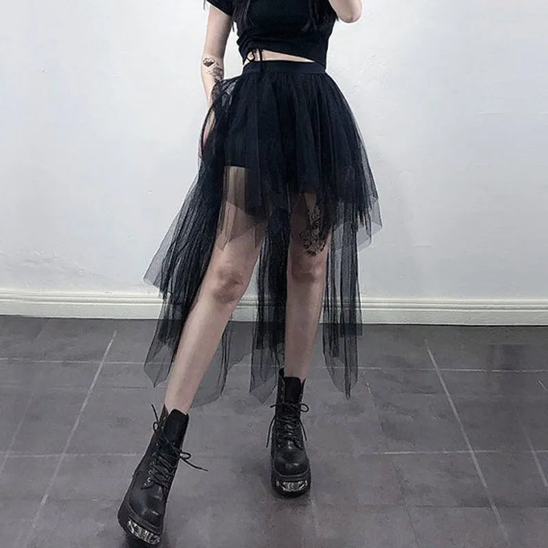 Gothic Black Mesh Skirt Women Summer Fashion High Waist Streetwear Irregular Midi Skirts Chic Dark Series Punk Stitching Skirts black