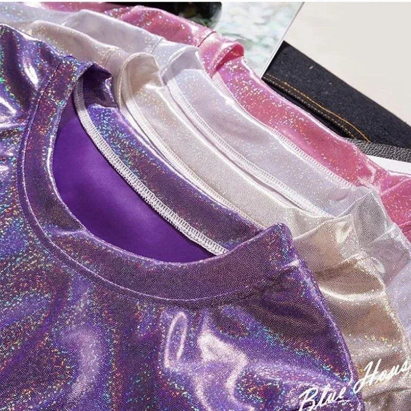 S-5XL Womens Sparkly Shiny Metallic Holographic Round Neck Short Sleeve Casual Loose Top Festival Party Tee Shirt Female Clothes