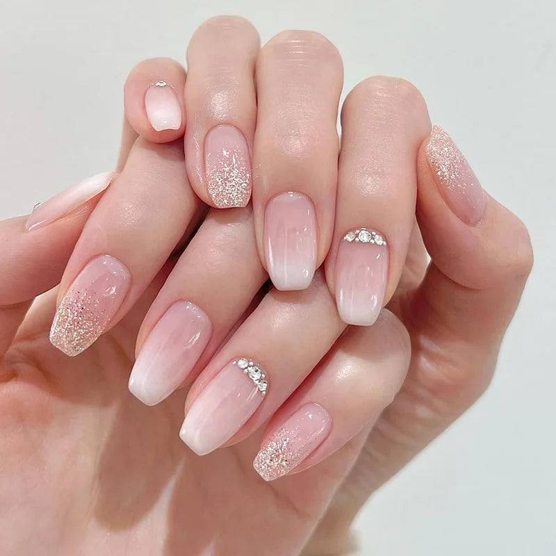 24Pcs Simple Short Gradient Nail Art with Jelly Glue Elegant Ballet Square Wearable False Nails Glitter Sweet Acrylic Nails Set