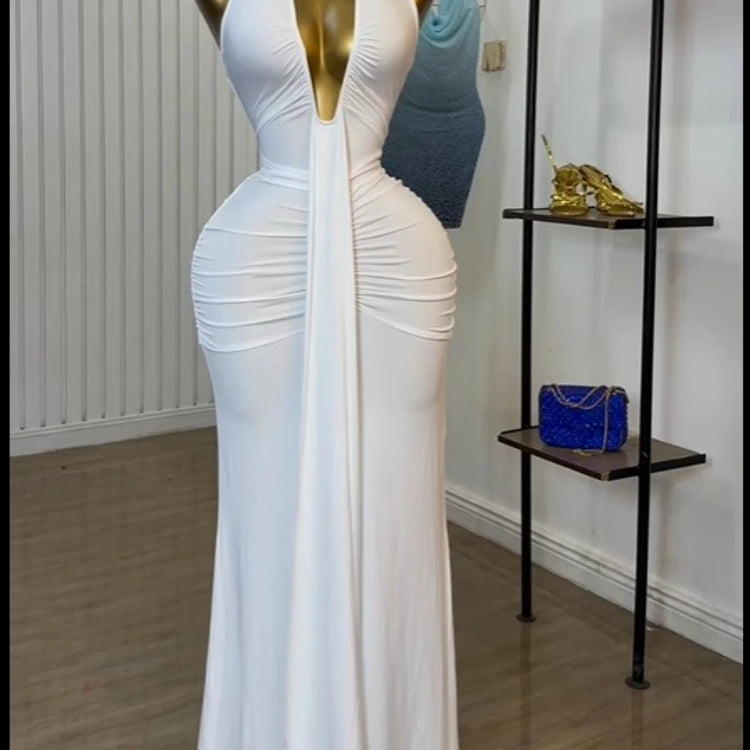 CM.YAYA Women Halter V-neck Stacked Ruched Backless Bodycon Midi Maxi Long Dress 2025 Vacation Birthday Sexy Party Club Dresses