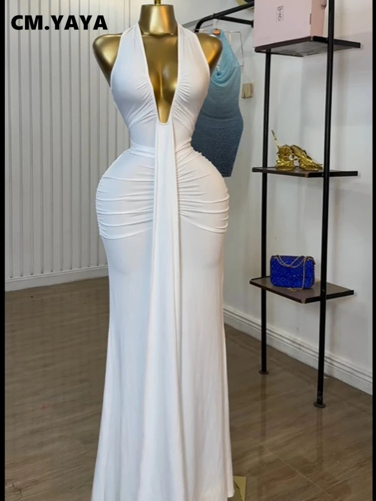 CM.YAYA Women Halter V-neck Stacked Ruched Backless Bodycon Midi Maxi Long Dress 2025 Vacation Birthday Sexy Party Club Dresses