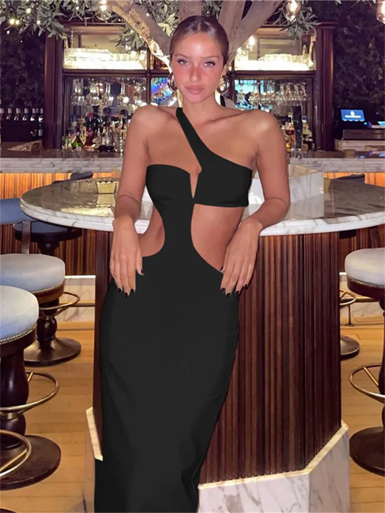Kliou Off Shoulder Sexy Hollow Out Maxi Dress Women Concise Solid Sleeveless Body-shaping Vestido Female Evening Party Clothing black