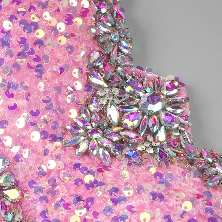 VC Pink Sparkly Sequins Long Dress Beaded Crystal Feather Embellished High Slit Straight Floor-length Prom Evening Gown Vestidos