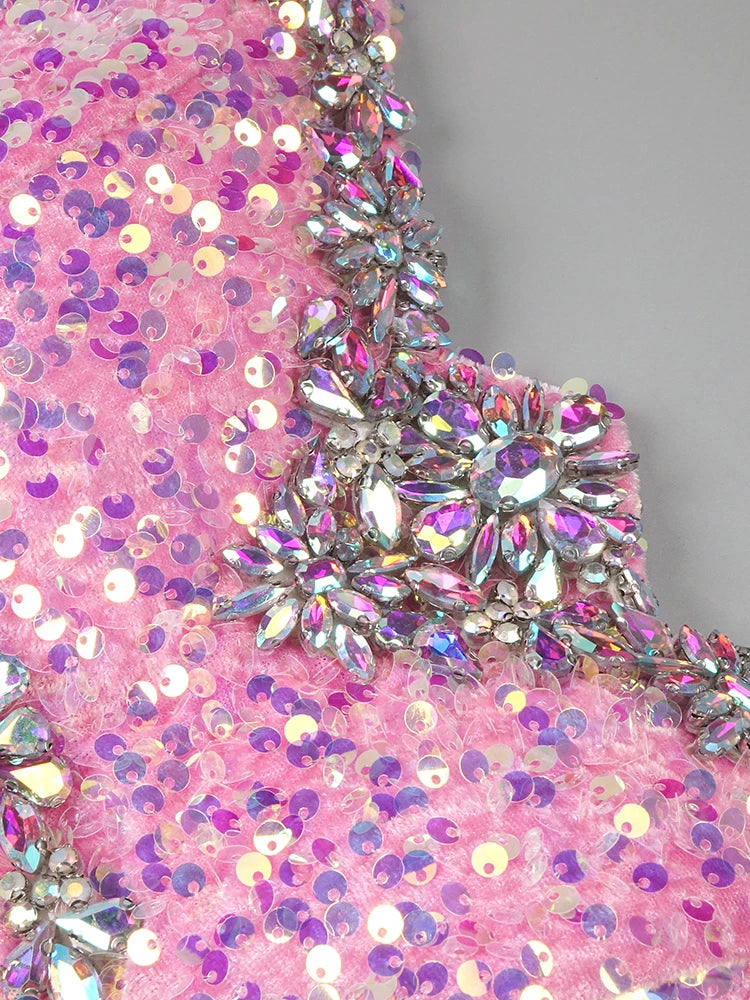 VC Pink Sparkly Sequins Long Dress Beaded Crystal Feather Embellished High Slit Straight Floor-length Prom Evening Gown Vestidos