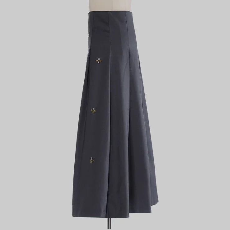 Spring Women French Style Luxury Rhinestone Beading Lady High Quality Solid Long Pleated Skirt